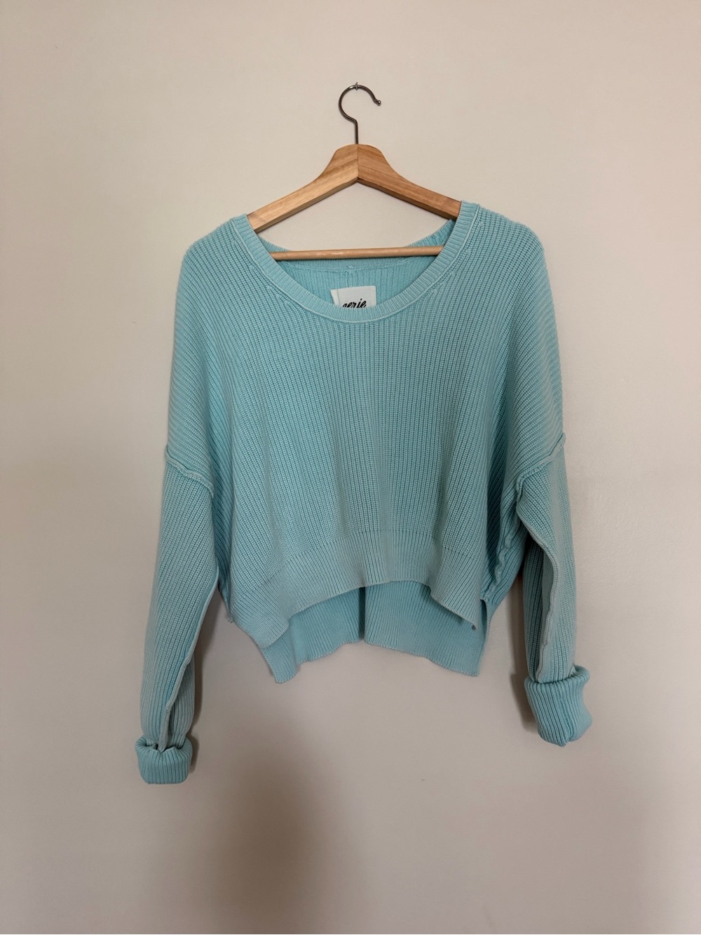 aerie Mint Ribbed Cropped Scoop-Neck Sweater